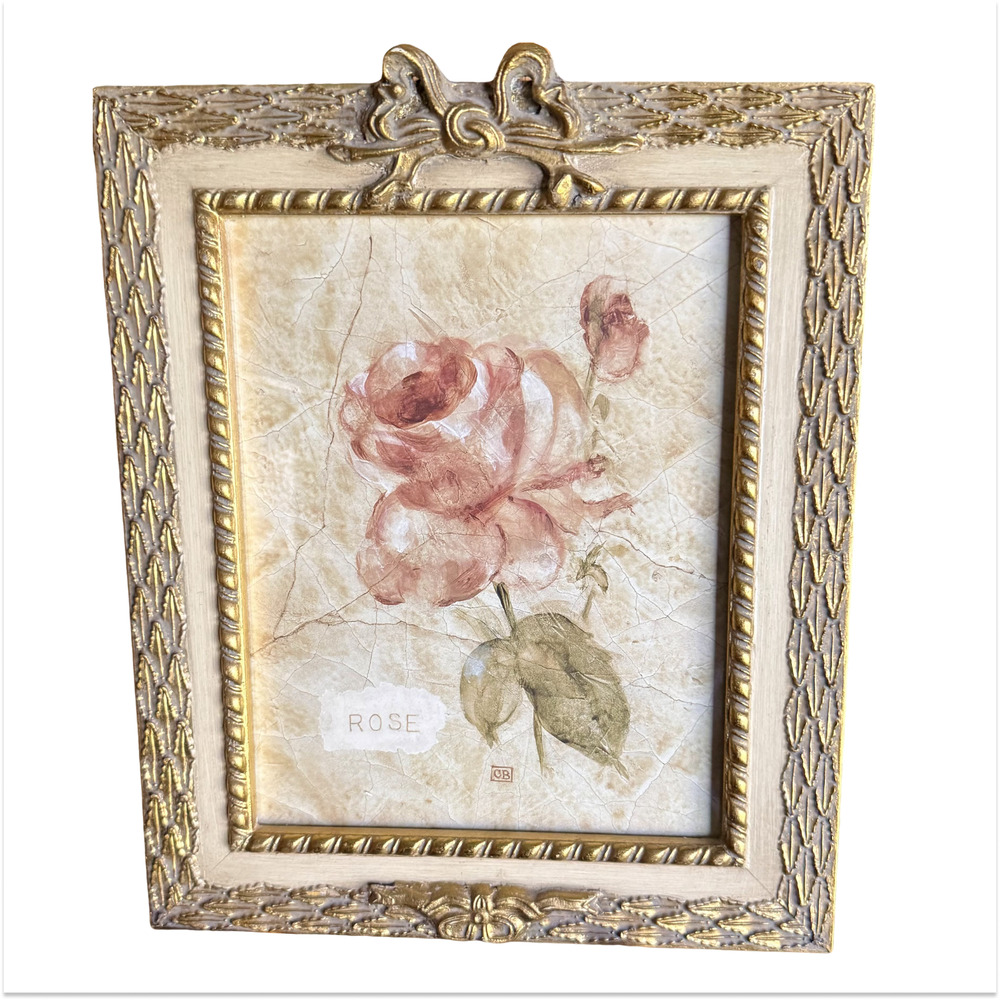 Cheri Blum Rose on Cracked Linen Framed Art Print Gold Ornate Ribbon Bow Frame